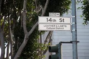 Mockup showing proposed street signage identifying the LEATHER & LGBTQ Cultural District.